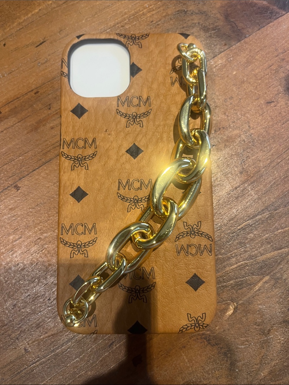 MCM Cognac Monogram Phone Case with Gold Chain Handle fits iPhone 13 14